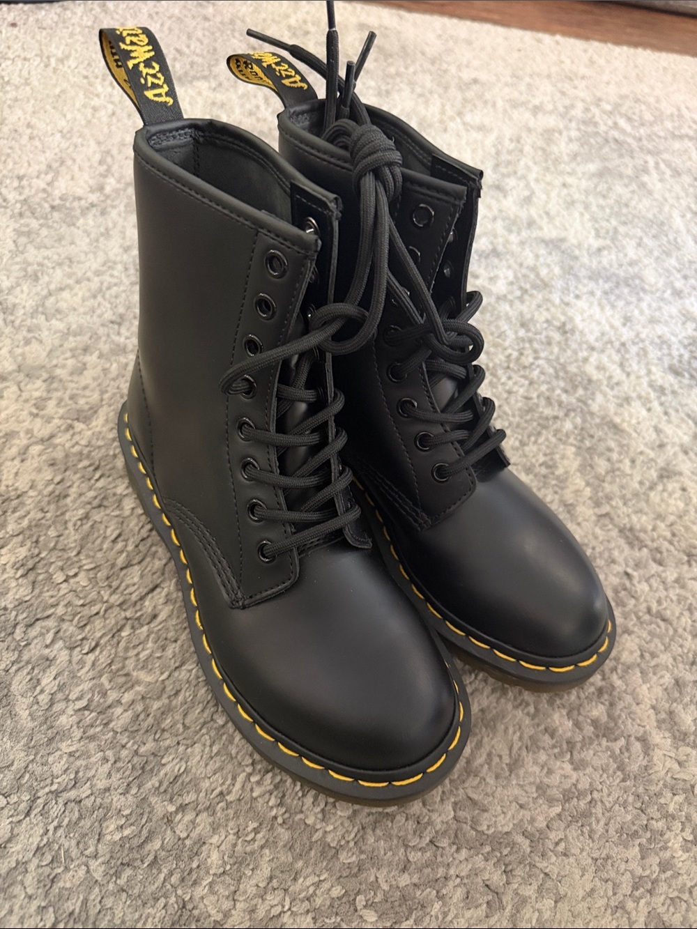 Dr. Martens Black Leather Combat Boots with Yellow Stitching